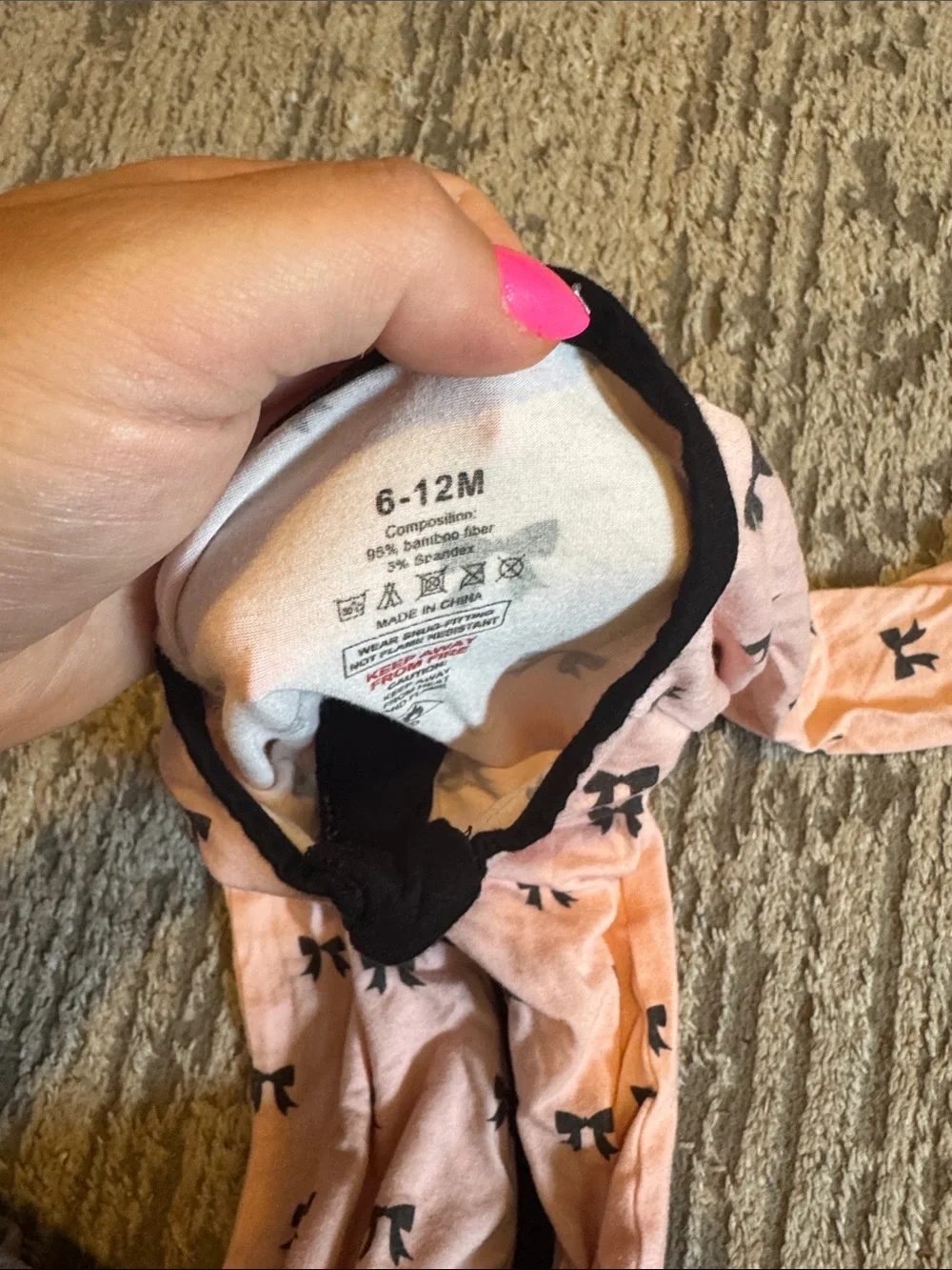 Pink Bow-Print Kids One-Piece Pajama with Black Trim 9-12 month bamboo